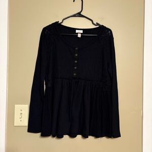 Knox Rose Black Long Sleeve Boho Button Front Waffle Peplum Tunic Medium